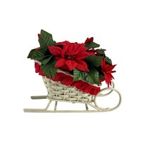 Vintage Christmas Poinsettia Sleigh Wicker Basket Centerpiece Holiday Decor Flaw - £18.50 GBP