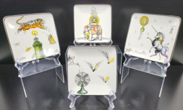 4 Pottery Barn Whimsical Square Appetizer Snack Plate Set Unicorn Tiger Elephant - £39.30 GBP