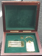 Men&#39;s gold tone keychain, tie tac, money clip  green velvet lining woode... - $25.73