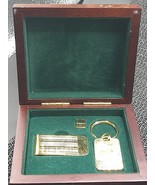 Men&#39;s gold tone keychain, tie tac, money clip  green velvet lining woode... - $35.19 CAD