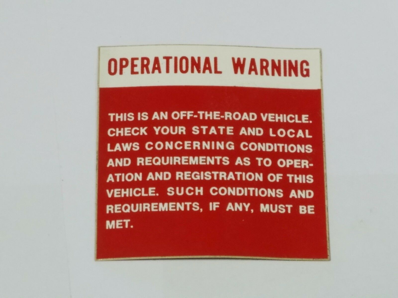 Vintage Minibike MRV Operational Warning Decal Mini Bike, White with Red - $2.50