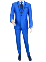 Mens Tuxedo Formal Suit Royal Diamond Slim Fit 3Pc Vested Shiny Satin SL83 Blue - £59.94 GBP