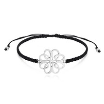 Celtic Knot Flower shape Sterling Silver Charm Black Rope Adjustable Bracelet - £11.86 GBP