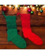 Lot of 2 Handmade Vintage Christmas Stockings Crochet Red &amp; Green 18&quot;X5&quot;... - $33.66 CAD
