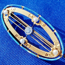 Earth Mined Diamond Deco Brooch Gatsby Antique Pearl Enamel Krementz 14k Gold - $3,343.26 CAD