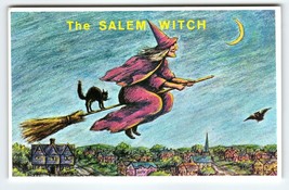 Halloween Postcard The Salem Witch City Crescent Moon Black Cat Church Village - £29.52 GBP