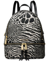 MICHAEL KORS RHEA ZIP BLACK WHITE LOGO GOLD ANIMAL BACKPACK TRAVEL BAGNWT! - £196.12 GBP