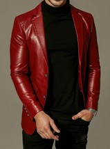 Men&#39;s Red Leather Blazer Coat Jacket Fashion Stylish Slim Fit Real Soft Lambskin - £95.39 GBP+