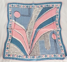 Vintage Linen Geometric Handkerchief Blue Pink White - £17.30 GBP