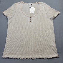 American Rag Cie Women Shirt Size L Tan Knit Preppy Raw Lettuce Hem Shor... - £12.05 GBP
