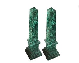20&quot; Two Marble Obelisk Inlay Mosaic Pietra Dura Green Malachite Stone Home Decor - £1,954.86 GBP