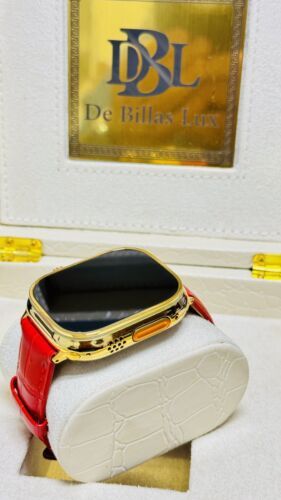 24k Gold Plated Apple Watch ULTRA 2 49mm Red Leather Band 24k Gold Buckle Item image 10