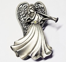 Vintage Angel Blowing Horn JJ Jonette Pewter Brooch Pin 2 1/4&quot; - £7.04 GBP