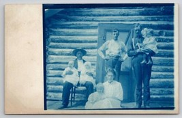 Cyanotype RPPC Family Fathers With Babies Log Cabin Homestead c1910 Postcard S28 - £15.14 GBP