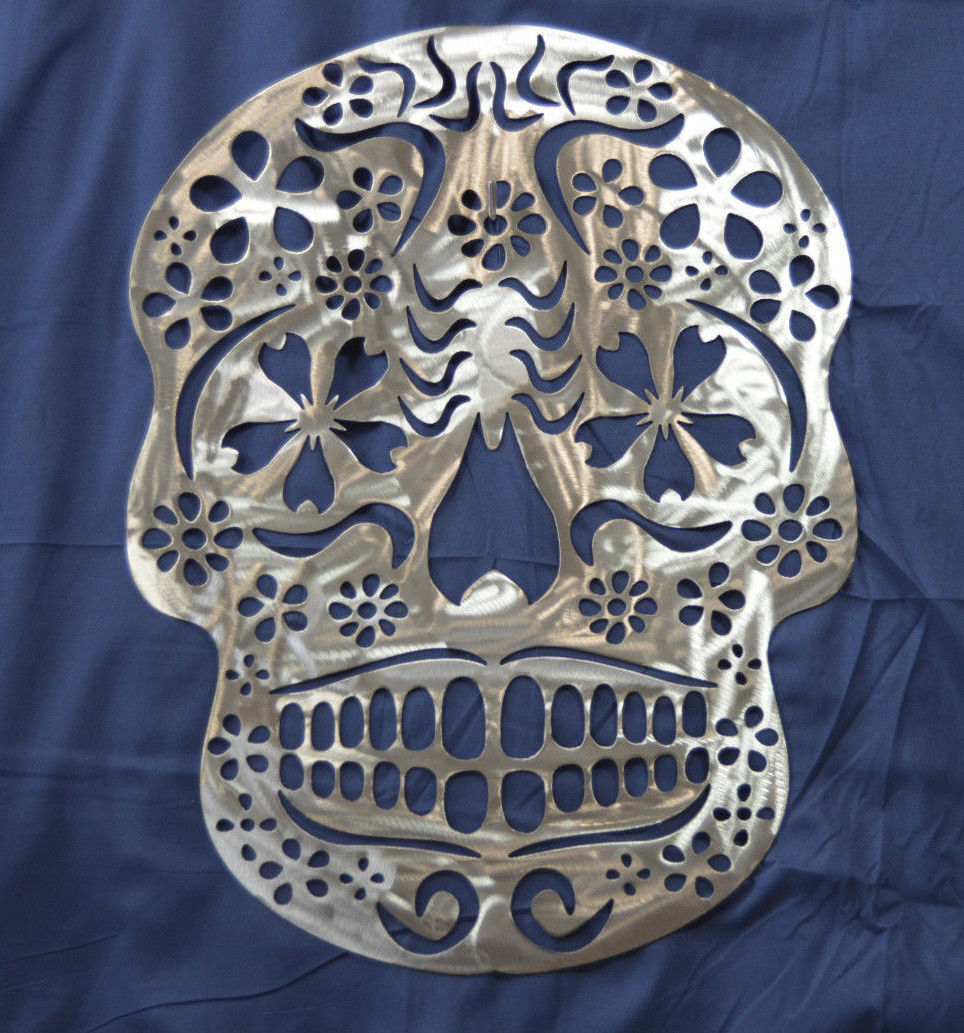 23" HUGE SUGAR SKULL DAY OF THE DEAD METAL WALL ART DECOR SILVER COLOR - $79.99