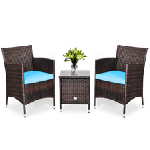 Outdoor 3 PCS Rattan Wicker Furniture Set with 2 Chairs Coffee Table Turquoise - £219.22 GBP