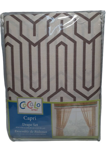 NEW CoCaLo Capri Window Drape Set w/ Tie Back Geometric Cotton Tan Brown 42"x84" - $7.86
