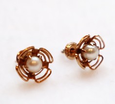 Antique 30s 10k Yellow Gold Deco Flower Earrings Pearls PS Co Plainville... - £177.53 GBP