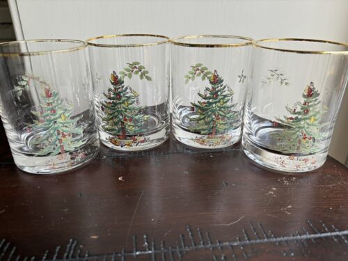 Lot Of 4 Spode Christmas Tree 12oz Double Old Fashioned Low Ball Glass Gold Rim - $19.35