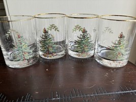 Lot Of 4 Spode Christmas Tree 12oz Double Old Fashioned Low Ball Glass Gold Rim - £15.22 GBP