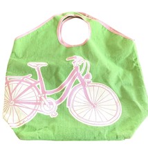 MudPie Jute Tote Green Pink Bicycle Print Extra Large Beach Bag - $15.79