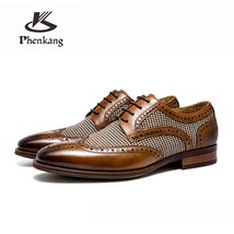 Men Cowhide Wingtip Leather Carved Pointed Toe Laces Up Dress Brogues Wedding Bu - £147.39 GBP