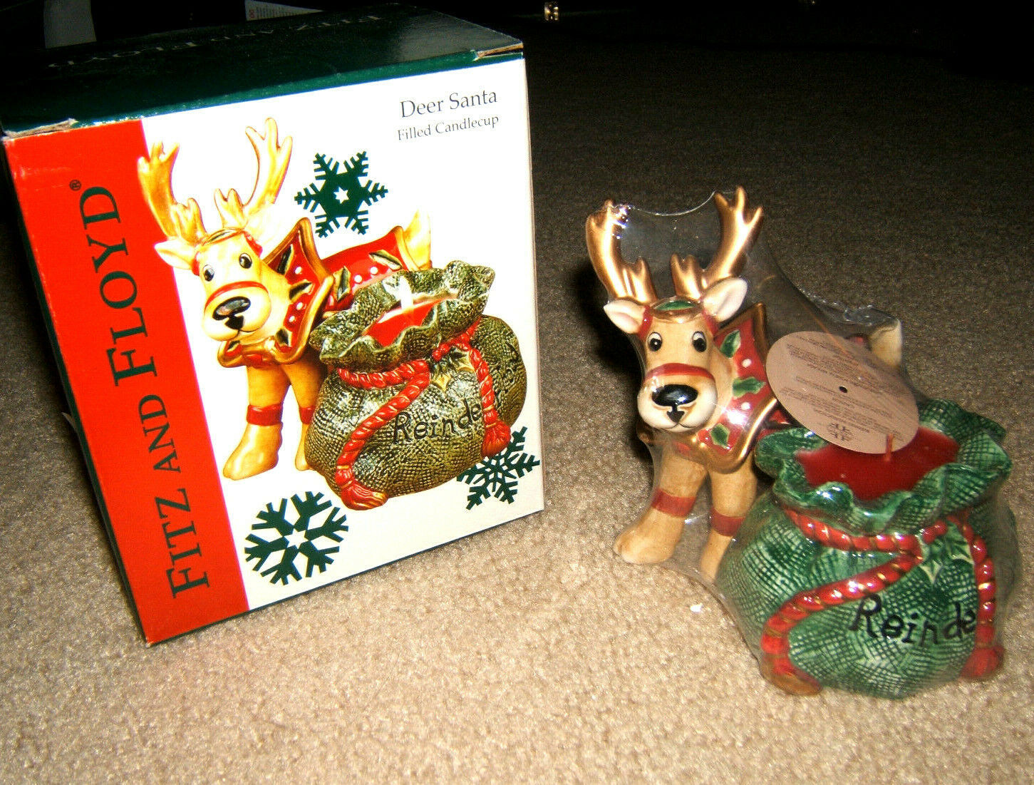 Fitz and Floyd Deer Santa Filled Candlecup Christmas Reindeer Candle - $14.99