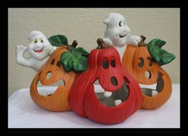 Ceramic 3 Pumpkins with Ghosts Tealight Burner 10&quot; Long x 6-41/2&quot; Tall - $21.03