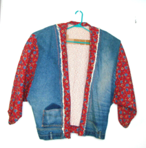 Handmade Womens 1X-2X Denim Mix Red Floral Art to Wear Jacket Open Pocke... - $28.82