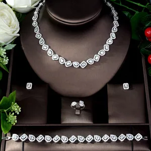 New Sparkling Cubic Zircon Jewelry Set Wedding Square Shape 4pcs Necklace Jewelr - £58.07 GBP