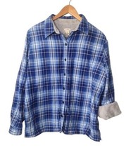 LL Bean Thick Fleece Plaid Flannel Shirt Shacket Size L Blue Gray Pocket... - £17.92 GBP