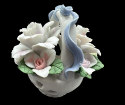 Mini Ceramic Floral Flower Basket Leaves Blue Pink Green Blue 3&quot; Tall Fi... - $14.00