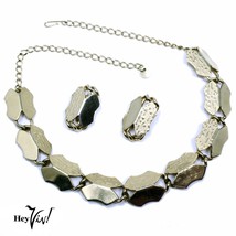 Vintage Necklace &amp; Clip On Earring Set - Gold Smooth &amp; Textured Shapes -... - £23.59 GBP