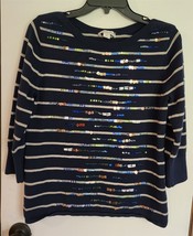 Womens M Coldwater Creek Navy Blue w/Gray Stripe Sequin/Bead Design Knit... - $18.81