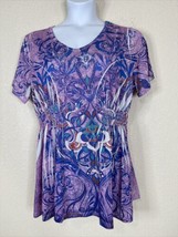 Faded Glory Womens Plus Size 1X Purple Floral V-neck Stretch Top Short Sleeve - £11.09 GBP