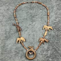 Vintage Hand Carved Wooden African Safari Animal Bead Necklace 28&quot; - £10.95 GBP