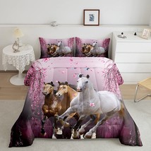 Boys Horse Twin Size Comforter Set Cherry Blossom Branches Steed Kids Bedding Se - £59.76 GBP