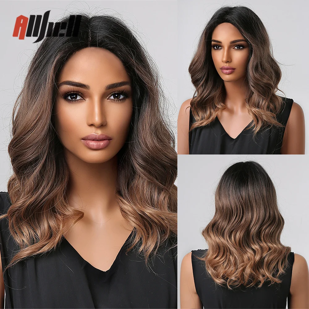 Medium Long Synthetic Ombre Black Brown Wig Middle Part Water Wave Wigs f - £17.76 GBP+