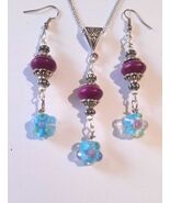 Purple Turquoise Murano glass Silver jewelry set necklace earrings Victo... - $73.24 CAD