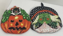 Decorative Halloween Jack O&#39;Lantern with Black Cat Pot Holder &amp; Witch Vintage - £13.27 GBP