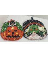 Decorative Halloween Jack O&#39;Lantern with Black Cat Pot Holder &amp; Witch Vi... - £12.91 GBP