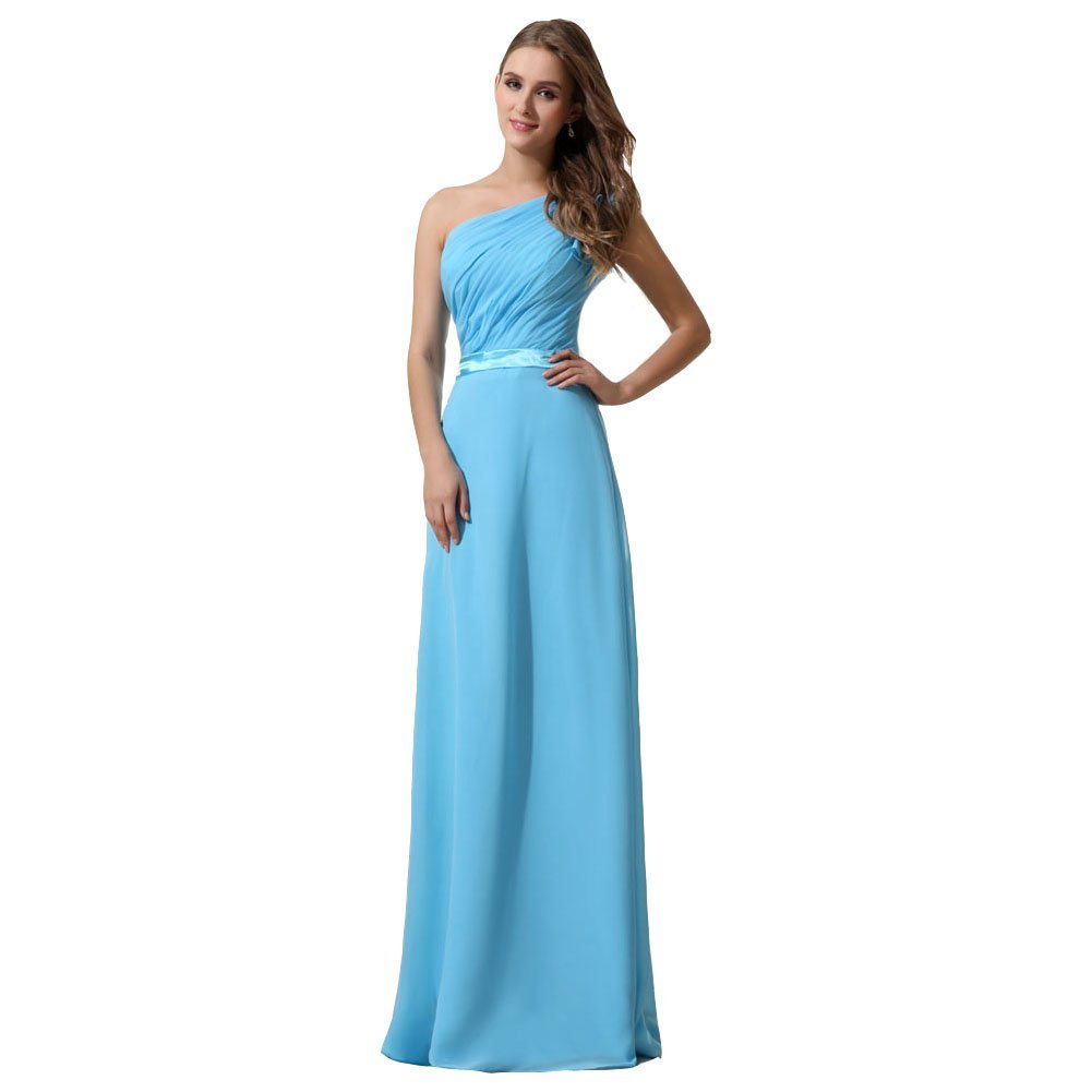 Kivary Women's Long Sky Blue One Shoulder Prom Dresses with Sash US 12