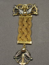 Vintage Pin-Brooch Two Tone Gold Filled Yellow Mesh Braid 2 Pearls 3.5&quot; Long. - £23.74 GBP