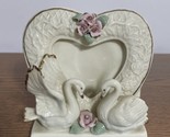 Vintage 1980s White Porcelain Picture Frame Heart Swans Pink Roses  4&quot; X 4&quot; - $9.79