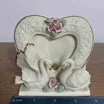 Vintage 1980s White Porcelain Picture Frame Heart Swans Pink Roses  4&quot; X 4&quot; - £7.82 GBP
