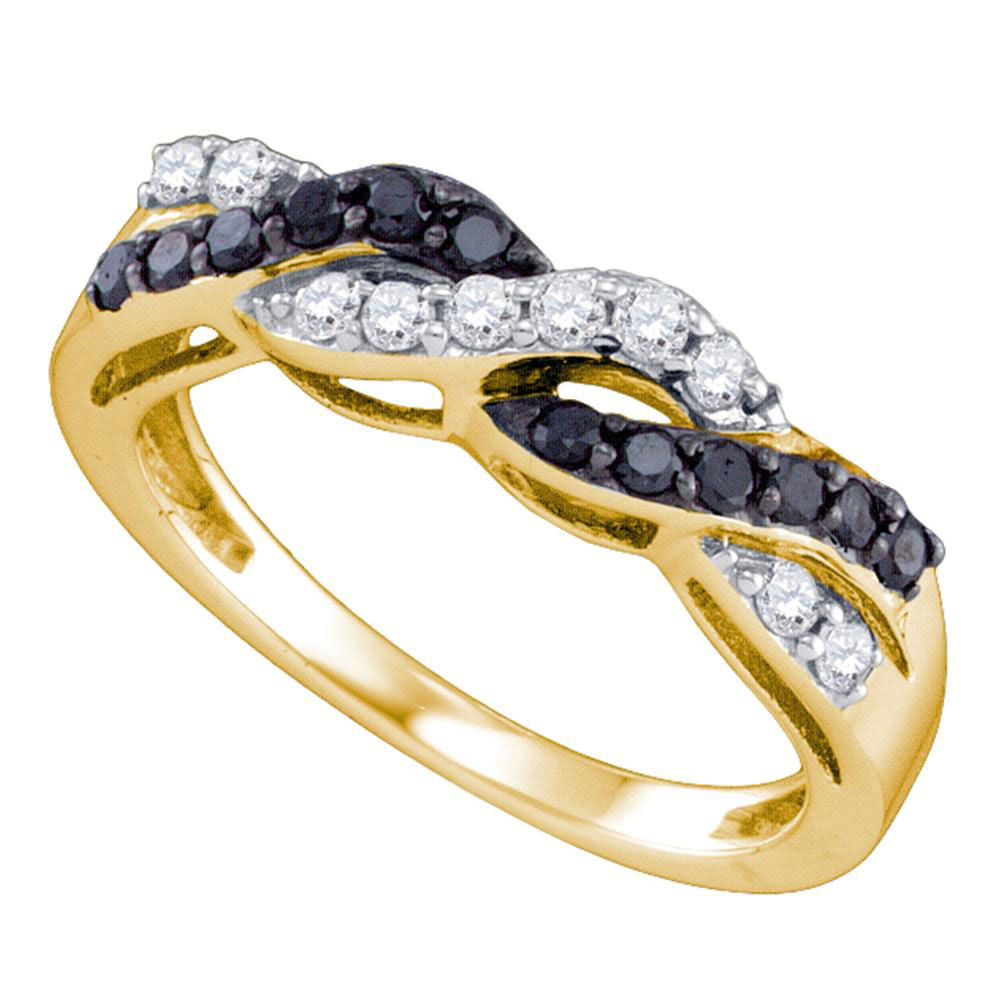 10k Yellow Gold Womens Round Black Color Enhanced Diamond Crossover Band Ring