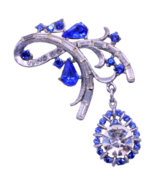 Vintage Sapphire Blue Rhinestone Dangle Brooch Pin Made with Swarovski - £15.56 GBP