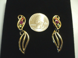 CLIP Earrings Dangle Gold Plated Magenta, Red and Green Crystals 1 3/4&quot; QVC - £15.91 GBP