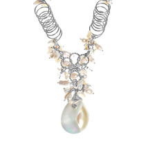Exotic Cultured FW Pearl and Shell Aluminum Chain Statement Necklace - £31.84 GBP