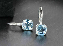 3Ct Cushion Cut Blue Aquamarine Solitaire Drop Earring In 14K White Gold Finish - £70.52 GBP